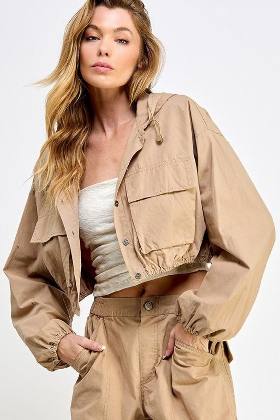 Clothing Miss Love Mia Cargo Cropped Jacket Taupe