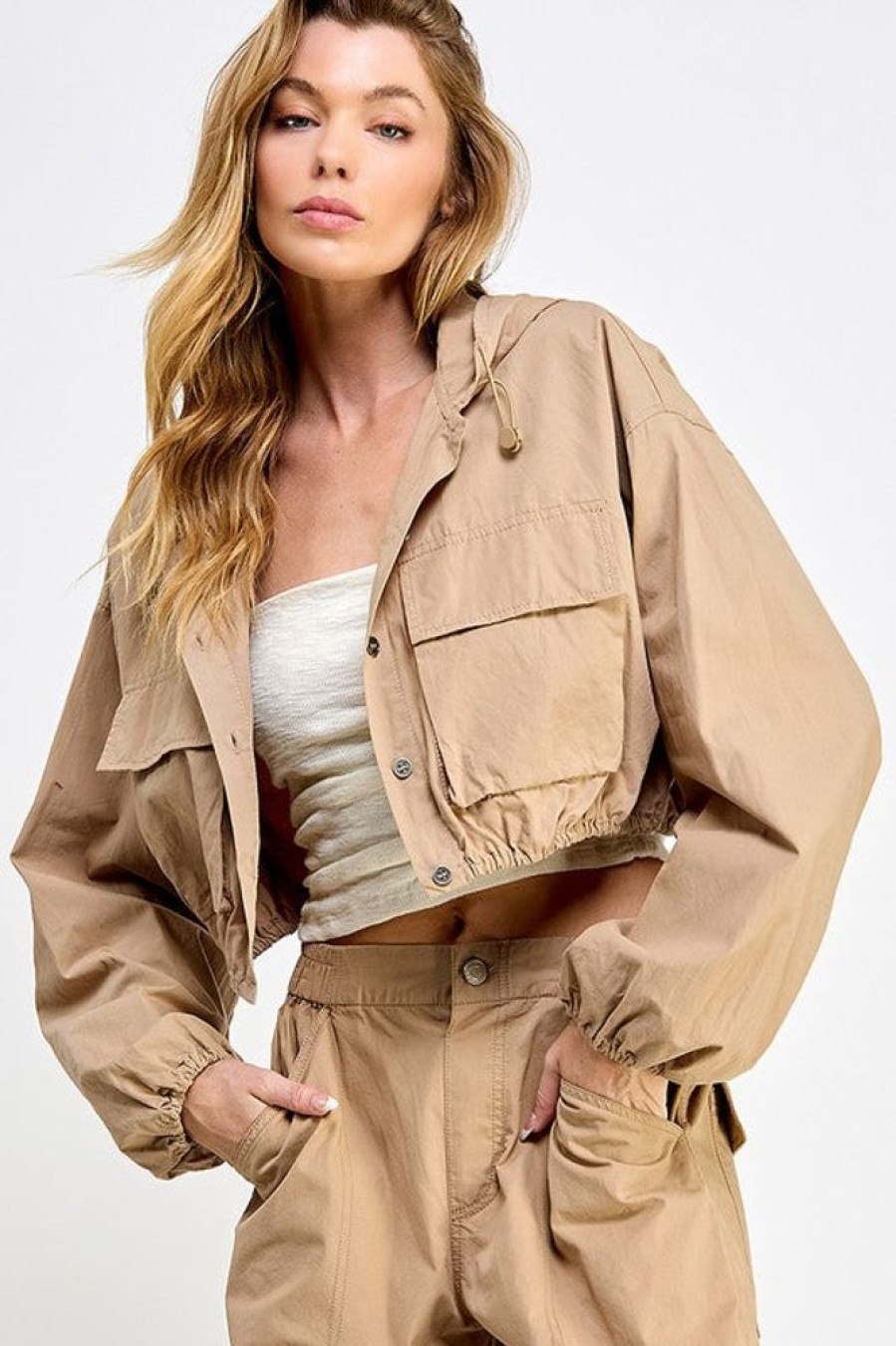 Clothing Miss Love Mia Cargo Cropped Jacket Taupe