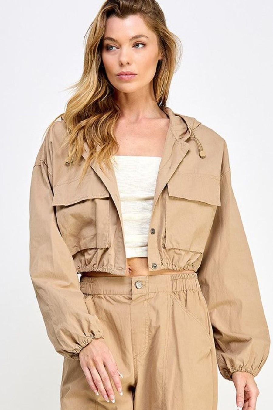 Clothing Miss Love Mia Cargo Cropped Jacket Taupe